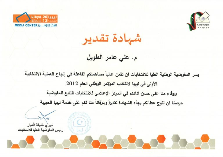 HNIC - MEDIA CENTER 2012 Certificate - Ali Tweel