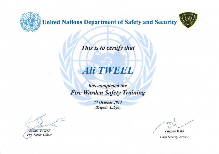 UNDSS - Fire Warden Safety Training Certificate - Ali Tweel